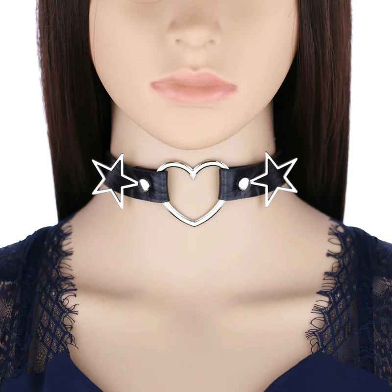 Goth Punk Spike Choker - Decopunk punk couro pu coração estrelas