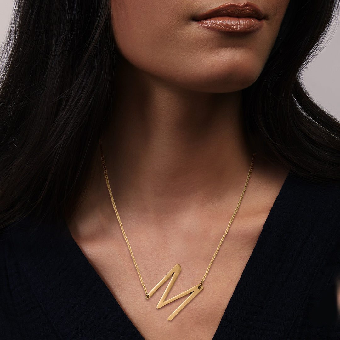Initial Letter Necklace 18K Gold - Declaração Colar inicial com pingente personalizado,