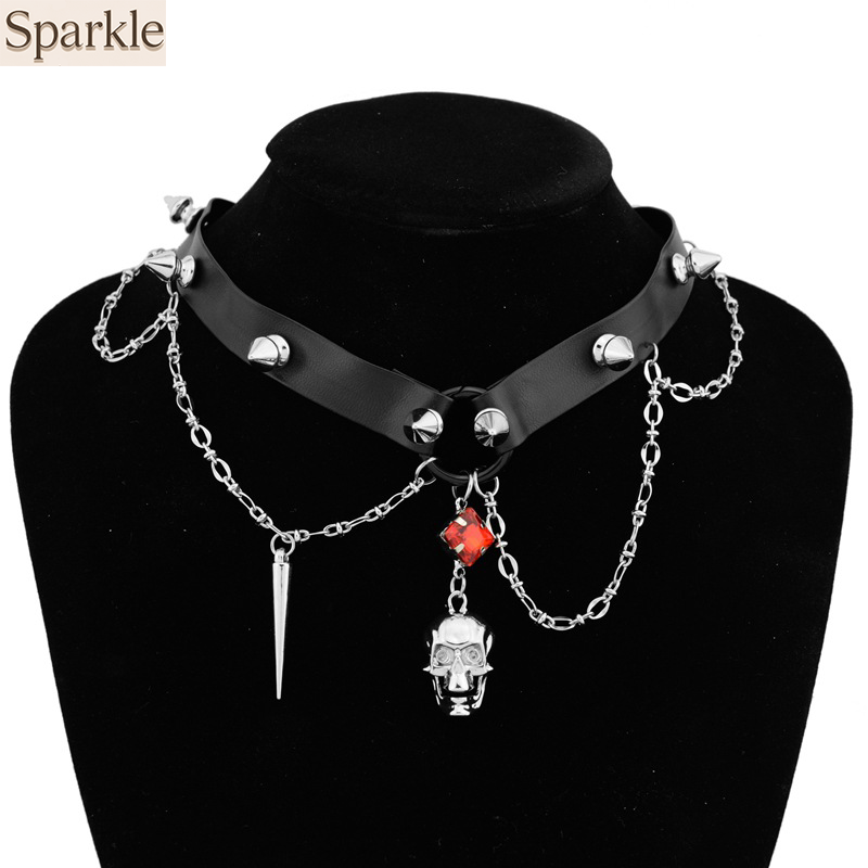Goth Punk Spike Choker - Gargantilha de couro com caveira escura,