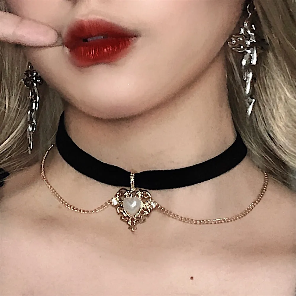 Pearl Choker Necklace Vintage - Gargantilha com corrente de veludo vintage,