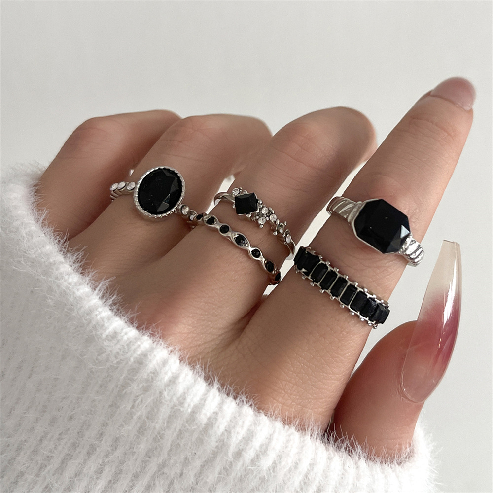 Vintage Punk Knuckle Rings Set - Retro preto cristal pedra anel conjunto