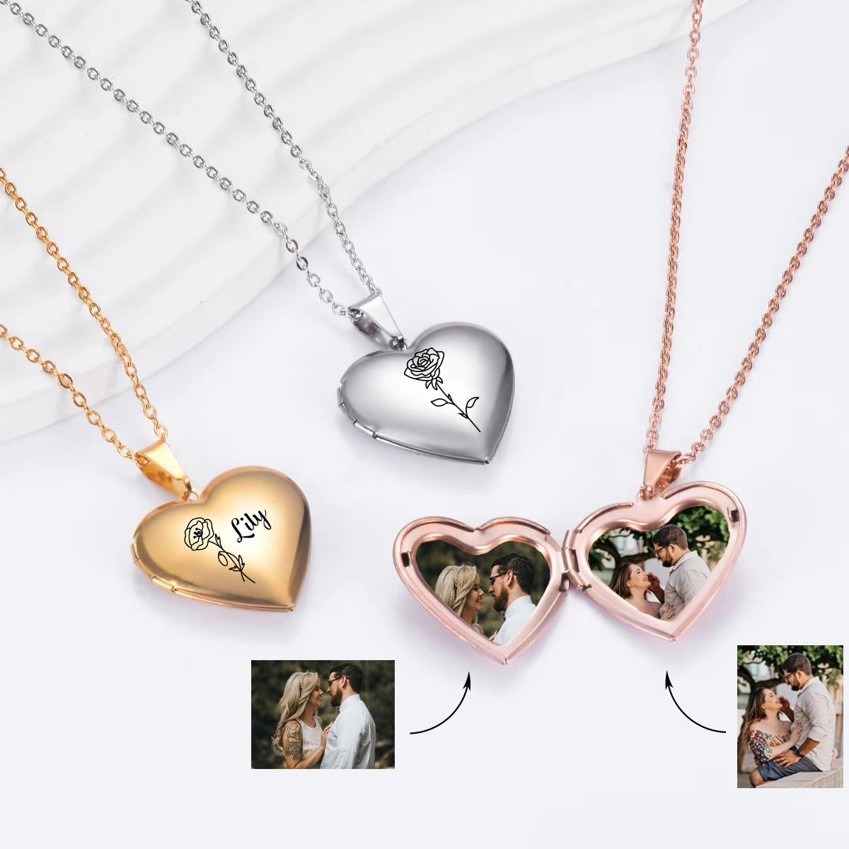 Heart Locket Necklace Photo - Personalizado coração nascimento flor medalhão colar