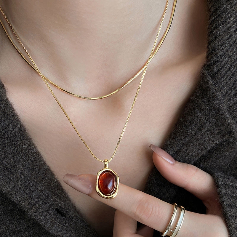 Layered Pendant Necklace Aesthetic - Moda vintage dupla camada natureza pedra