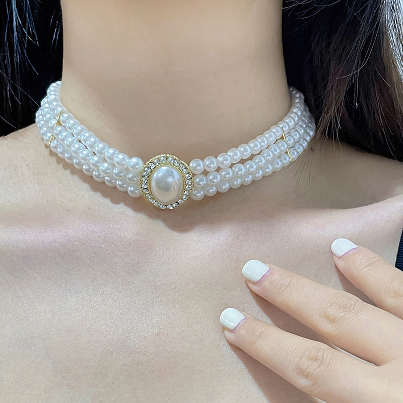 Luxo vintage três camadas imit - Pearl Choker Necklace Vintage avaliação e preço
